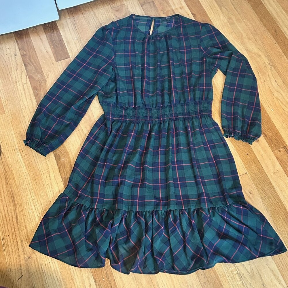 J. Crew Flowy Green Plaid Dress Size L